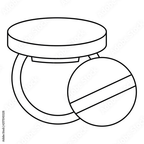 Картината върху платно Minimalist black and white line art vector illustration of an open makeup compact powder container with a round cushion puff applicator, isolated on a clean white background