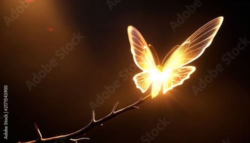Luminous golden butterfly hovering above a dark branch