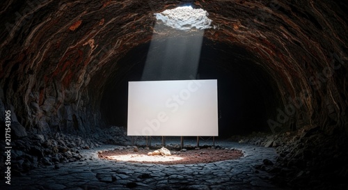 A mysterious cave interior with a blank white screen illuminated by a single beam of light from an overhead opening, creating a dramatic and thought-provoking scene.