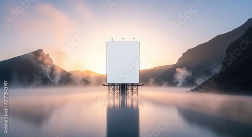 A minimalist white rectangular structure stands in a misty lake at sunrise, surrounded by mountains and a golden sky.