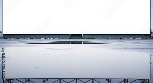 A large, blank white billboard stands above a reflective puddle, creating a symmetrical mirrored image of the empty advertisement space.