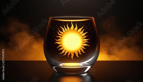 Golden sun symbol shining inside dark glass object