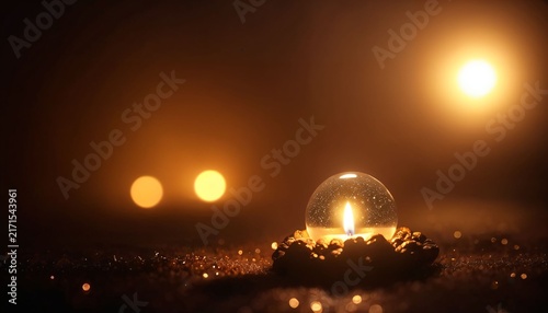 Small glowing sphere resting on sparkling dark surface