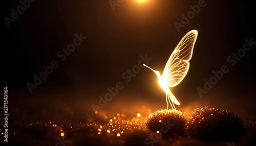 Delicate glowing butterfly rising from sparkling ground