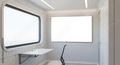 Modern minimalist interior of a train cabin or small office space with a window, fold-down desk, chair, and a blank white screen on the wall.