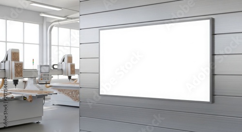 Blank horizontal billboard on a textured wall in a modern industrial workshop with manufacturing machinery in the background, ready for custom content.