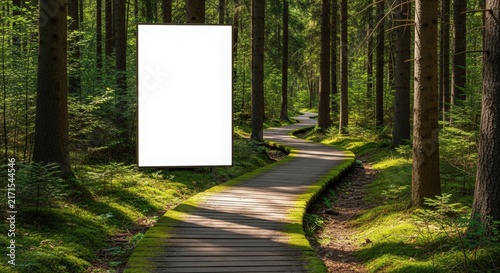 A winding wooden boardwalk path through a sun-dappled green forest with tall trees and mossy ground, featuring a blank white sign.