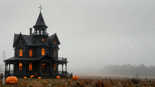 Haunted Victorian house Halloween pumpkin foggy landscape dark architecture glowing window and orange decoration create eerie autumn scene beside quiet field under gray mist