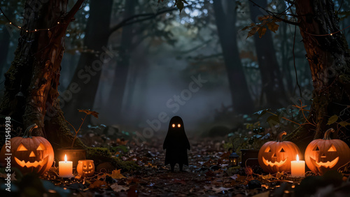 Halloween forest ghost pumpkin candle fog night spooky path woodland with cloaked figure and warm flame under dark tree, near moss, creating eerie holiday mood