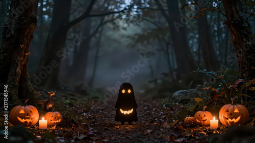 Halloween forest ghost pumpkin candle autumn spooky night eerie woodland creates mysterious atmosphere with shadow, mist, flame, orange decoration, dark tree, and quiet path