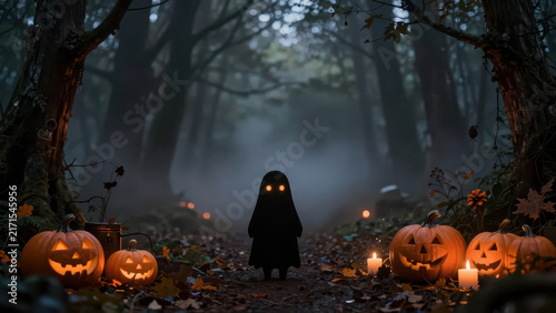 Halloween forest pumpkin ghost fog autumn candle night mysterious jack o lantern scene evokes spooky woodland atmosphere with shadowy figure, fallen leaf, and warm candlelight