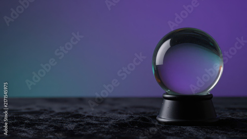 Crystal ball fortune telling mystical purple blue black pedestal reflection creates mysterious Halloween atmosphere on dark textured surface, evoking magic and imagination