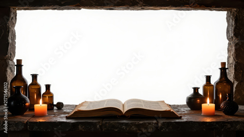 Open book candle bottle stone window rustic still life Halloween reading warm light dark glass masonry frame mysterious study scene with glowing flame and aged page
