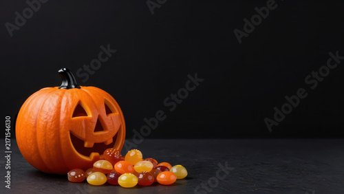 Halloween pumpkin jack o lantern candy orange black background, autumn celebration featuring carved smiling face, colorful sweet treat, and dramatic tabletop still life with playful seasonal mood