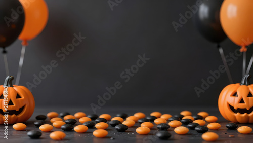 Halloween pumpkin balloon candy orange black decoration create spooky tabletop scene with carved jack o lantern, scattered sweet treat, and dramatic dark background for autumn celebration