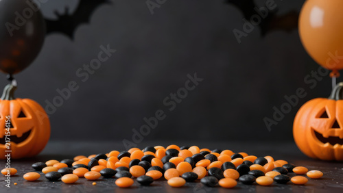 Halloween candy pumpkin balloon bat decoration autumn scene creates playful display, with orange and black sweets scattered between carved lanterns against dark background