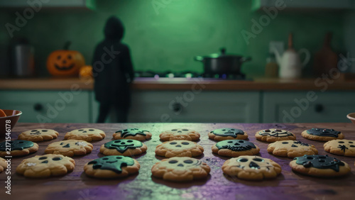 Halloween cookie kitchen scene child silhouette table skull pumpkin monster biscuit decoration and autumn food under green light in dim home interior setting