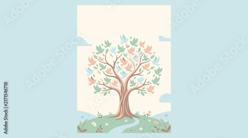 Stylized Tree Illustration With Flourishing Bird Shaped Leaves Representing Nature Harmony and Peace in Pastel Colors on Soft Blue Background