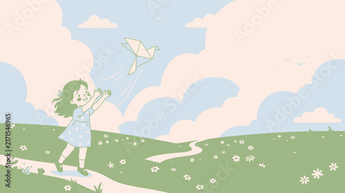 Little girl walking on a grassy hill while playfully releasing a white paper dove into the soft pastel sky during a beautiful spring day