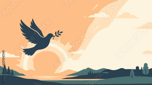 Peace Dove Silhouette Flying Over a Peaceful Landscape with a Rising Sun Backdrop for Harmony and Hope