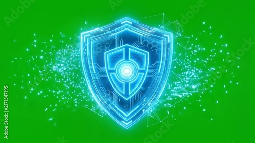 Glowing blue digital cyber security shield with floating technological particles isolated on green screen
