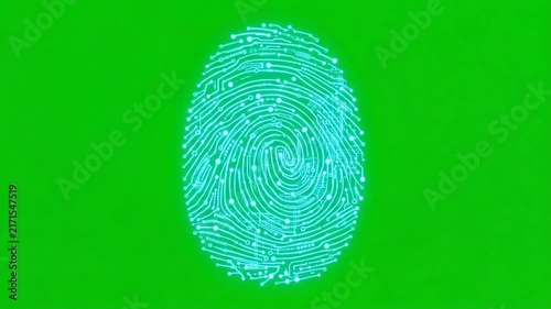 Glowing cyan digital fingerprint made of electronic circuit lines isolated on green screen background

