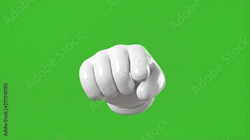 3D cartoon white gloved hand pointing index finger directly forward isolated on green screen background
