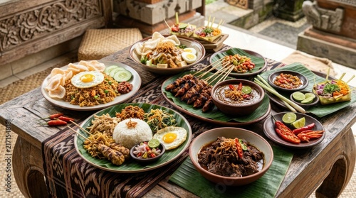 Assorted Traditional Balinese Cuisine Spread on Wooden Table.