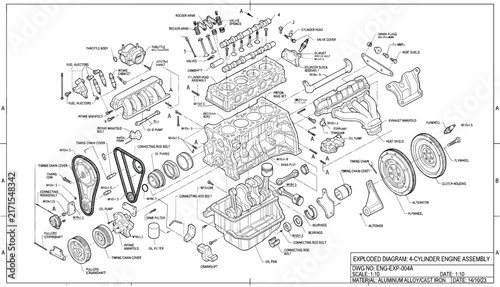 Bild auf Leinwand Exploded diagram of four cylinder car engine assembly with mechanical parts pist