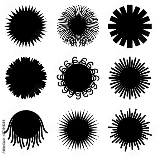 Pom-poms pom poms black circular silhouette icons and bursts