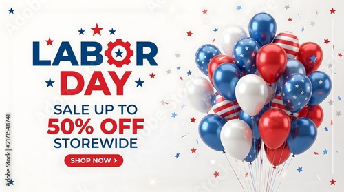 Labor day sale banner featuring red white and blue balloons with fifty percent off promotion text on a clean white background