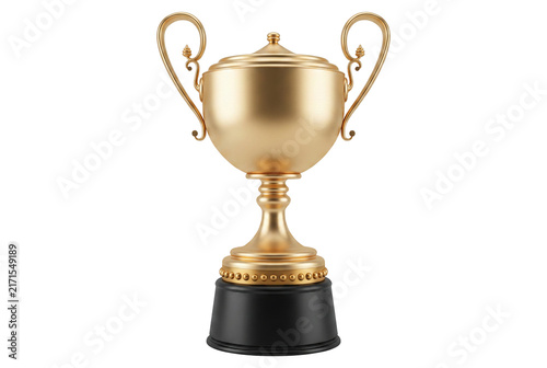 Fotografía Elegant Golden Trophy Cup with Ornate Handles and Lid on Dark Base
