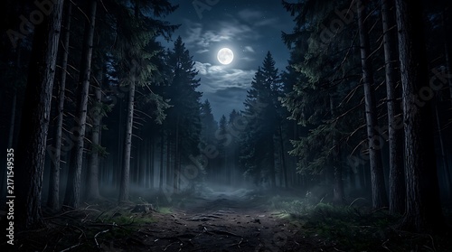 Moonlight shining through forest trees at night