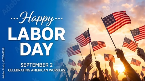 A festive graphic design celebrating labor day on september 2 featuring a crowd of people waving american flags at sunset background
