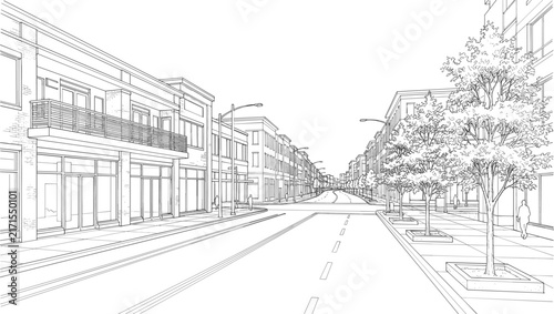 Urban city street architectural perspective sketch drawing showing commercial storefronts apartment buildings trees and asphalt road
