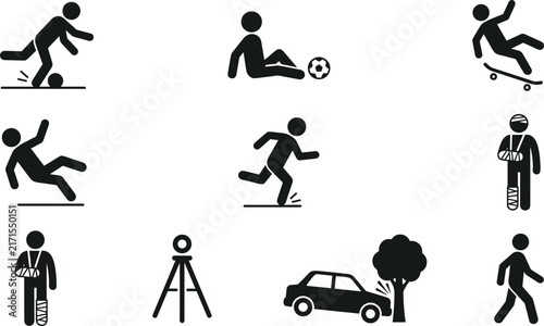Sports accidents and personal injury stick figure pictogram icon set featuring falls car crash and trauma vector
