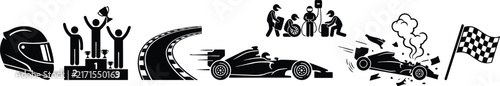 Photography Formula racing icon collection with racing car pit stop crew crash accident winn