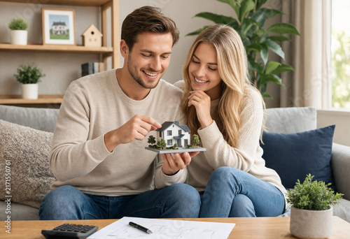Young couple smiles while holding a miniature house