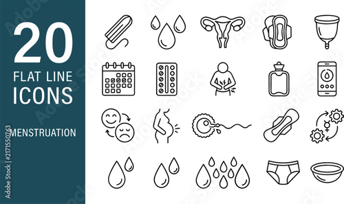 Menstruation period and female reproductive health line icon set featuring hygiene products cycle tracking and pregnancy symbols