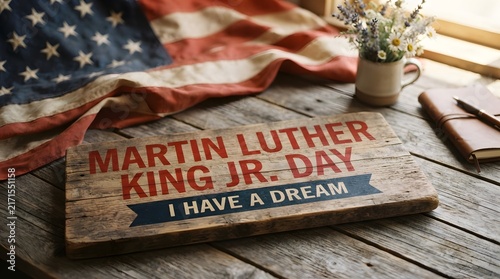 Martin luther king jr day celebration with american flag and rustic wooden background