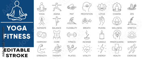 Yoga and fitness line icon set. Editable stroke vector icons for meditation, pilates, wellness, workout, and health. Clean modern design.
