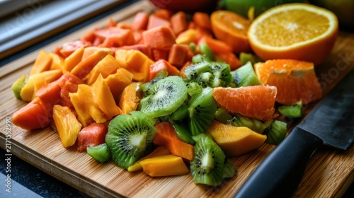 Colorful assortment of freshly cut tropical fruit including kiwi, orange, papaya, mango, and pineapple arranged on wooden cutting board beside sharp knife on dark kitchen counter