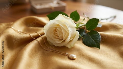 Elegant white rose with green leaves on beige satin fabric background.