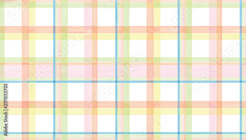Pastel multicolored sketchy plaid pattern with intersecting lines of green, yellow, pink, and blue on white.