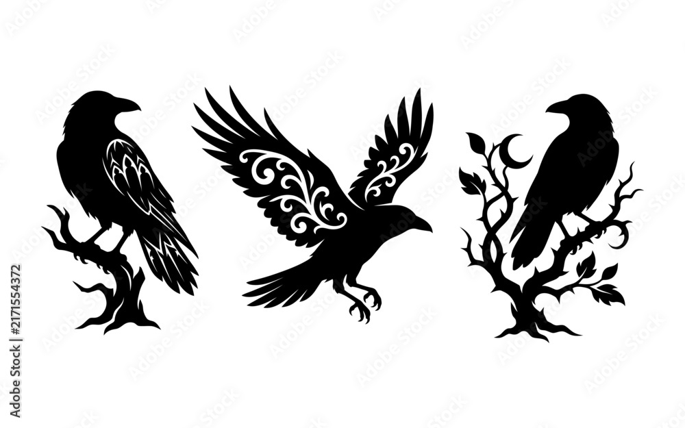 Fototapeta premium Set of three decorative black crows perched on branches and flying in a striking artistic silhouette