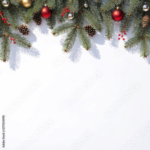 Festive Evergreen Branch with Ornaments and Pinecones on a White Background for Holidays