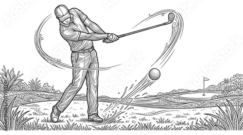 Upside down golfer swinging club in line art vector style