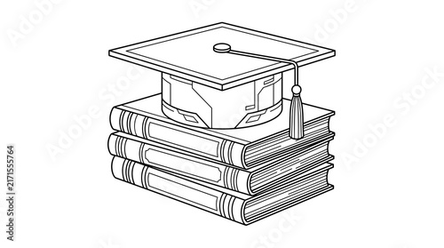 Graduation cap supporting a stack of books line art