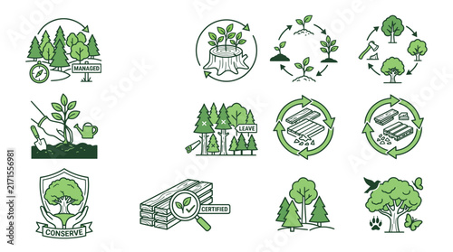 Sustainable forest management vector icons showcasing eco friendly wood production cycles with green line art design