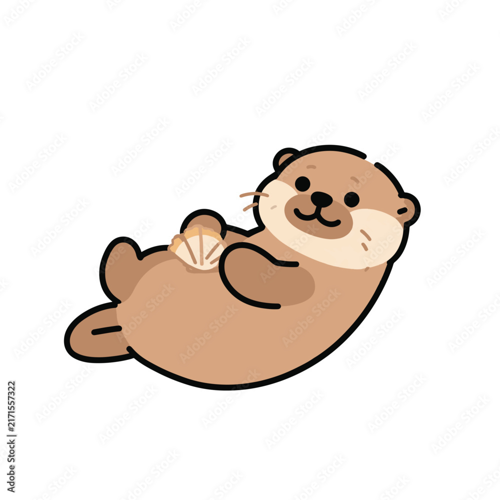 Obraz premium Cute cartoon otter holding a seashell on its belly.